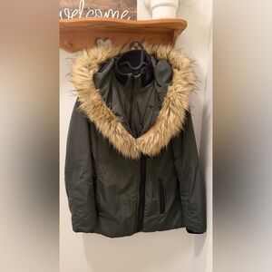 Sears Olive Puffer Jacket with Faux Fur Trim
